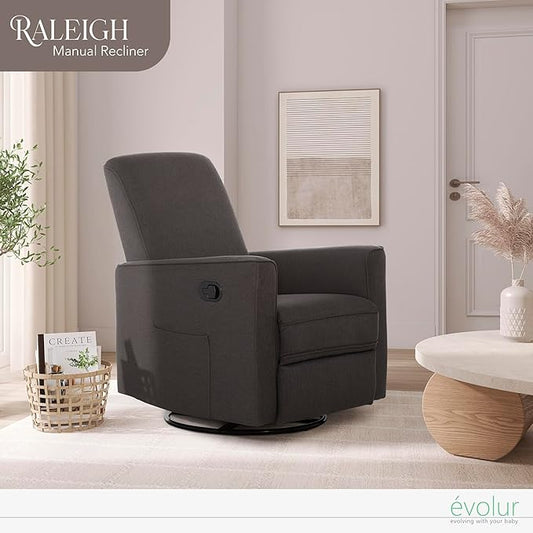 Evolur Raleigh Upholstered Plush Seating Glider Swivel, Rocker, Recliner, Glider for Nursery in Charcoal, Greenguard Gold Certified, Modern Nursery Recliner, Environmentally Conscious Glider