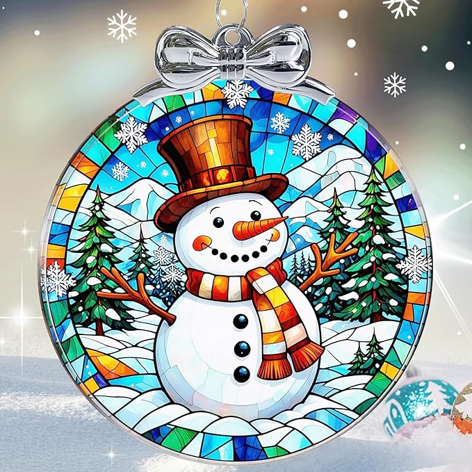 Snowman Stained Glass Christmas Ornament - Hanging Ornaments for Christmas Tree Decorations -Holiday Keepsake Present Exchange Idea