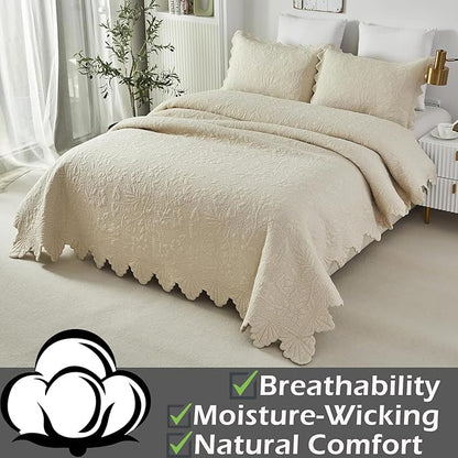 Brandream Queen Size Quilt Set Cotton Beige Quilts Luxury Farmhouse Bedding Set Matelasse Coverlet Scalloped Quilt Set 3-Piece