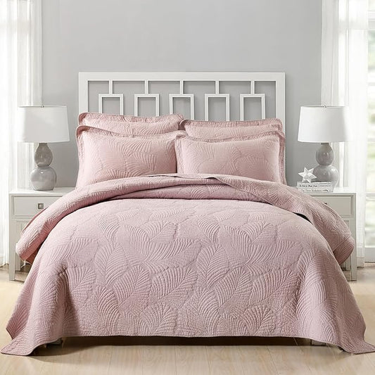 mixinni 3-Piece Modern Style Leaf Quilt Set Soft Cotton Bedspread Coverlet Set, Perfect for Him and Her (3pcs, Queen Size)