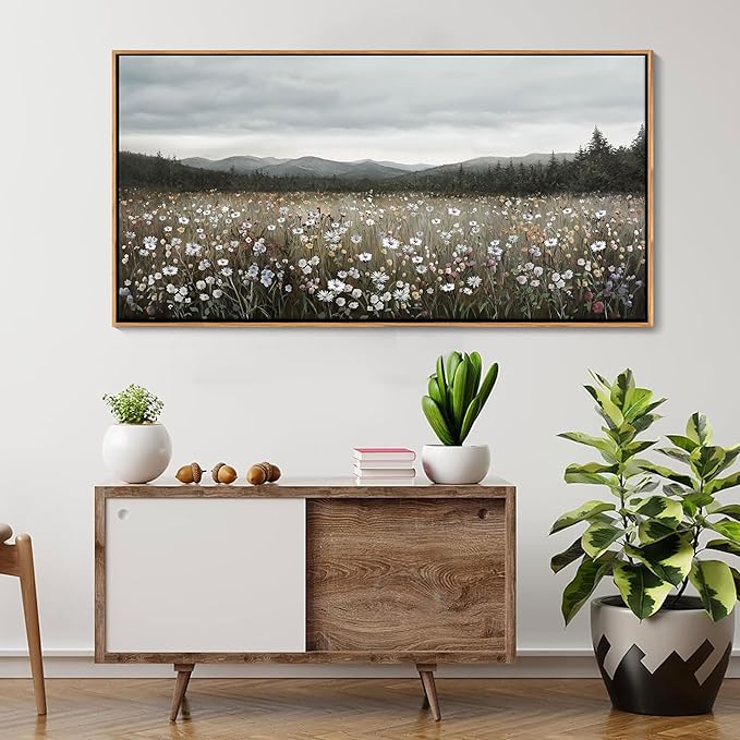 HGUAOA Vintage Landscape Wall Art for Bedroom and Living Room - Large Floral Artworks Farmhouse Wall Decor - Framed Neutral Nature Pictures - Above Bed Wall Decor with Mountain Scenery 24×48IN