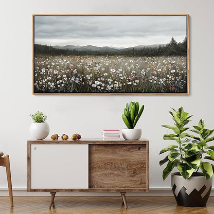 HGUAOA Vintage Landscape Wall Art for Bedroom and Living Room - Large Floral Artworks Farmhouse Wall Decor - Framed Neutral Nature Pictures - Above Bed Wall Decor with Mountain Scenery 24×48IN