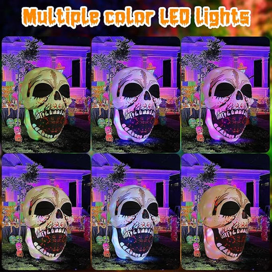 GOOSH 4 FT Halloween Inflatables Skull Outdoor Decorations Blow Up Yard Scary Colorful Dimming Skull with Built-in Magic LEDs for Garden Lawn Indoor Party Decor