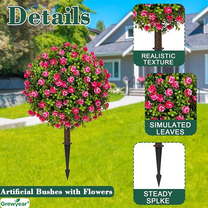 Artificial Topiary Ball with Ground Spike Set of 2, Faux Boxwoods for Outdoor Planters, UV Resistant Artificial Outdoor Plants for Porch, Fake Bushes Round Flower Shrub with Red Rose