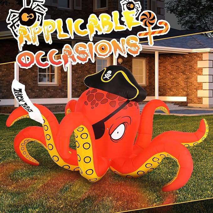 Hiboom Inflatables Giant Octopus Orange Pirate Octopus 7.2 FT Halloween Outdoor Decorations LED Light Blow up Halloween Decor for Indoor Outdoor Party Garden Lawn Decoration
