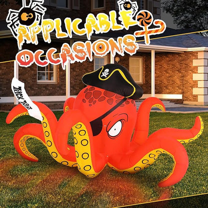 Hiboom Inflatables Giant Octopus Orange Pirate Octopus 7.2 FT Halloween Outdoor Decorations LED Light Blow up Halloween Decor for Indoor Outdoor Party Garden Lawn Decoration