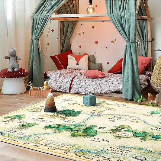 Estmy 6x9 Washable Nursery Rug, Cute Woodland Kids Play Mat for Girls Boys Neutral Soft Crawling Play Mat for Classroom Children Toddlers Bedroom Stain Resistant Easy to Clean, 100 Acre Wood Map Rug