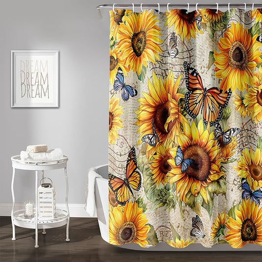 AILONEN Girls Sunflower Shower Curtain,Butterfly Sunflower Bath Curtain for Kids Women,Vintage Yellow Flower Decor Bathroom Curtain with 12 Plastic Hooks, 36" W x 72" H