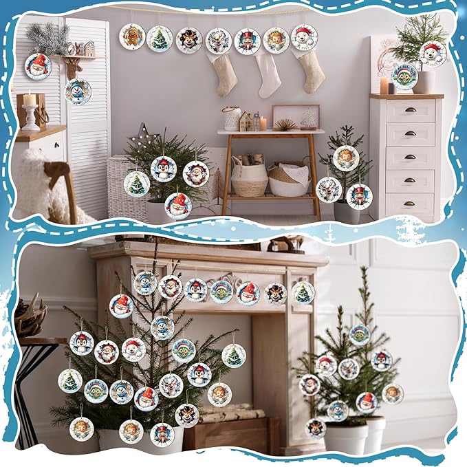 Suzile 36 Pcs Christmas Wooden Ornaments Christmas 3D Break Through Ornament Xmas Cute Animal Decorations for Tree Wreaths Xmas Hanging Wood Cutouts Decor for Home Winter Party