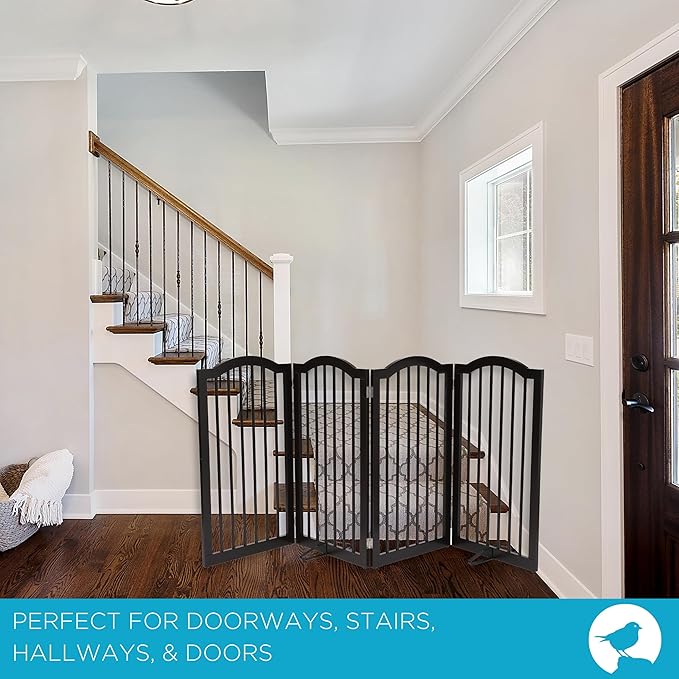 INTERNET'S BEST Arched Top Dog Gate with Support Feet | 4 Panel, 36" H Wooden Pet Barrier for Dogs or Cats | Freestanding Folding Gates for Doorways, Hallways, Stairs| Portable, Extra Wide | Espresso