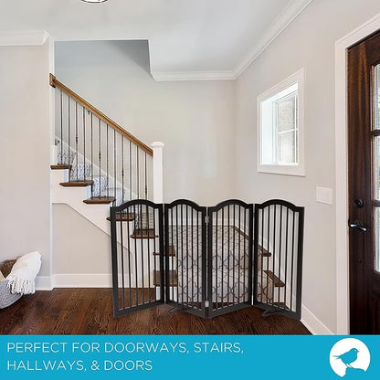 INTERNET'S BEST Arched Top Dog Gate with Support Feet | 4 Panel, 36" H Wooden Pet Barrier for Dogs or Cats | Freestanding Folding Gates for Doorways, Hallways, Stairs| Portable, Extra Wide | Espresso