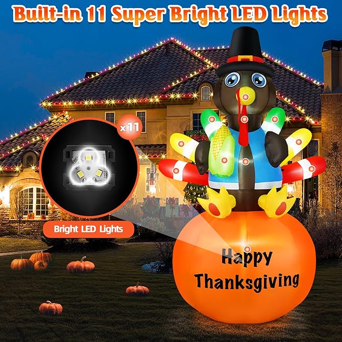 B&D 8FT Thanksgiving Inflatables Turkey Sitting on Pumpkin, Blow up Turkey Thanksgiving Decorations Outdoor Built-in LEDs Autumn Fall Harvest Decorations for Holiday Yard Lawn Garden Patio Decor
