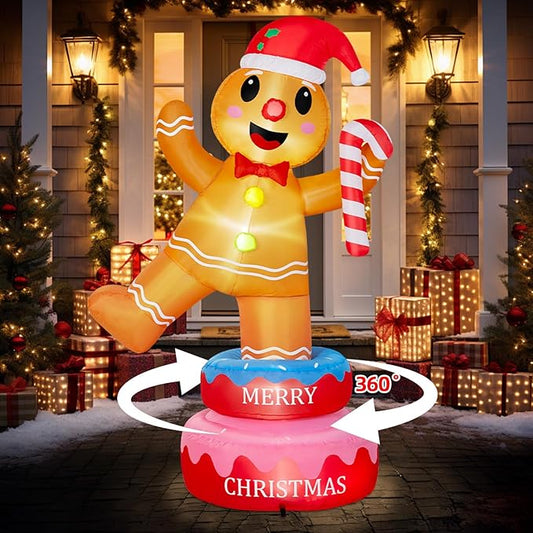 B&D 6FT Christmas Inflatables Outdoor Decorations, Rotating Christmas Inflatable Gingerbread Man Stands on The Turntable Lighted Christmas Blow Up Yard Decorations for Xmas Party Garden Lawn Decor