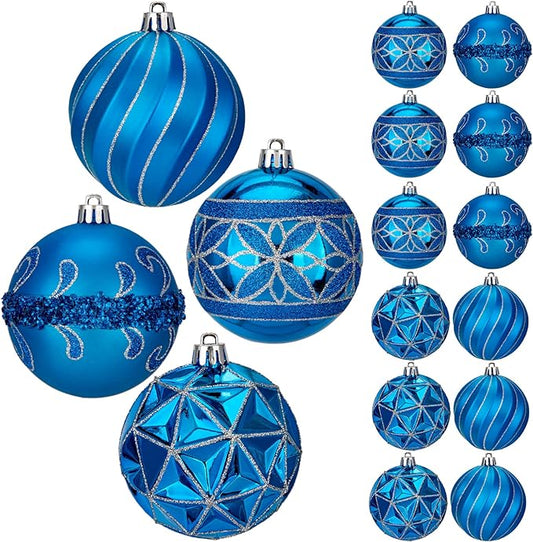 12pcs Blue Christmas Ornaments Balls 3.14 inch Glitter Hanging Christmas Tree Ornaments Set for Christmas Decorations Hand Painted Shatterproof Christmas Baubles for Xmas Holiday Party Decor