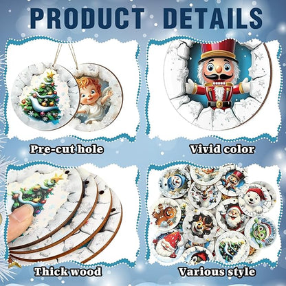 Suzile 36 Pcs Christmas Wooden Ornaments Christmas 3D Break Through Ornament Xmas Cute Animal Decorations for Tree Wreaths Xmas Hanging Wood Cutouts Decor for Home Winter Party
