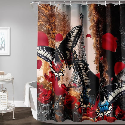 AILONEN Butterfly Shower Curtain for Bathroom,Romantic Red Rose Flower Butterfly Bath Curtain 36" W*72" H,Retro Eiffel Tower Decoration Waterproof Bathroom Curtain with 12 Plastic Hooks