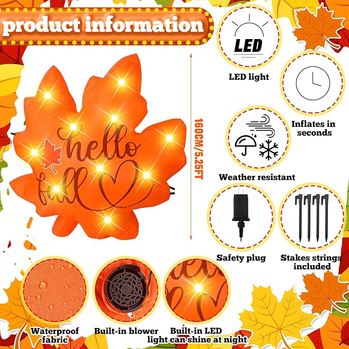 VIHOSE Fall Inflatable Decorations 5. 25 ft Thanksgiving Blow up Decor Fall Maple Leaves LED Lights Inflatable Decoration for Autumn Harvest Indoor Outdoor Yard Garden Lawn Party