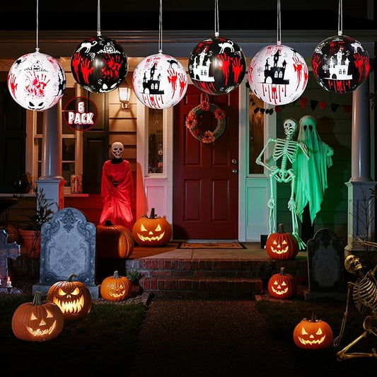 6 PCS 11.8 inch Hanging Halloween Decorations Ball Set, Inflatable Hanging Halloween Ornament Balls with Bloody Handprints, Haunted Castles, Creepy Faces, Black Cats and Pumpkin for Yard,Party Decor