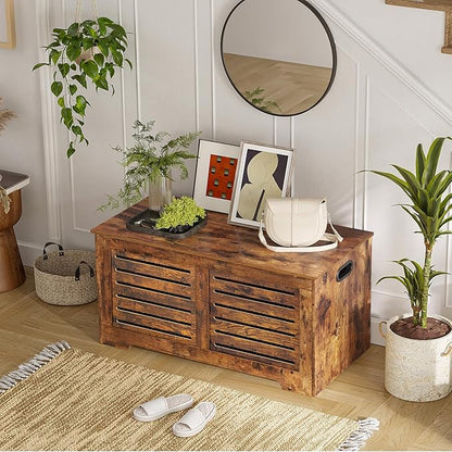DINZI LVJ Storage Chest, 39.4”Wooden Toy Box with 2 Safety Hinges, Retro Entryway Shoe Storage Bench with Flip-Top, Sturdy Large Storage Trunk for Living Room, Bedroom, Easy Assembly, Rustic Brown
