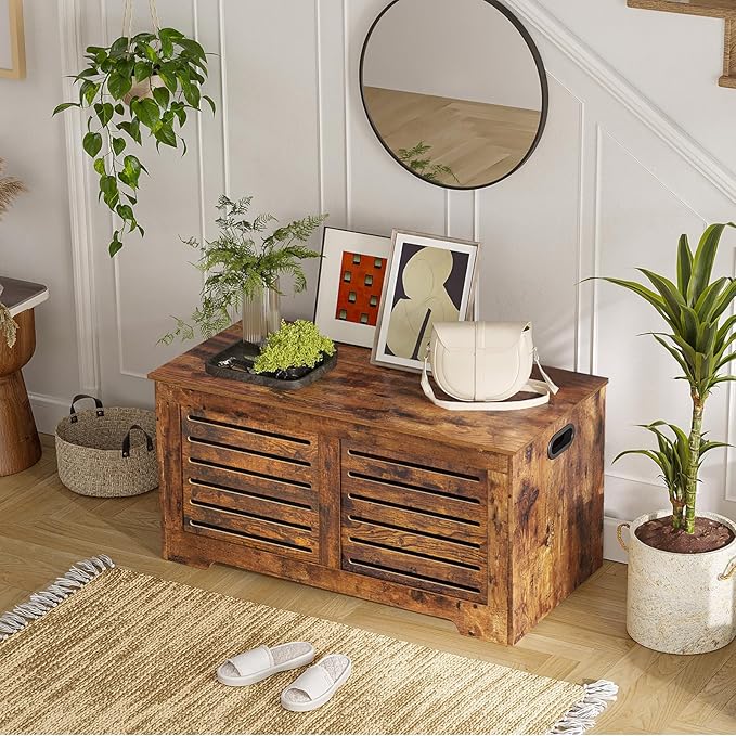 DINZI LVJ Storage Chest, 43.3” Wooden Toy Box with 2 Safety Hinges, Retro Entryway Shoe Storage Bench with Flip-Top, Sturdy Large Storage Trunk for Living Room, Bedroom, Easy Assembly, Rustic Brown