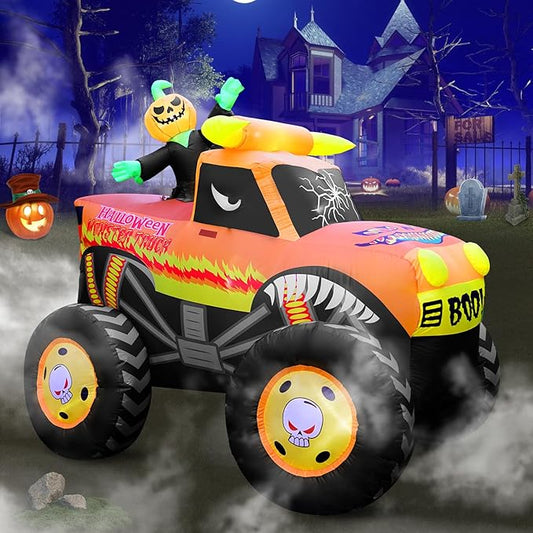 8FT Halloween Inflatable Pumpkin Monster Truck, Inflatable Vehicle Yard Decorations Built-in 8 LED for Halloween Inflatables Outdoor Decoration Home Party Supplies Lawn Halloween Decor