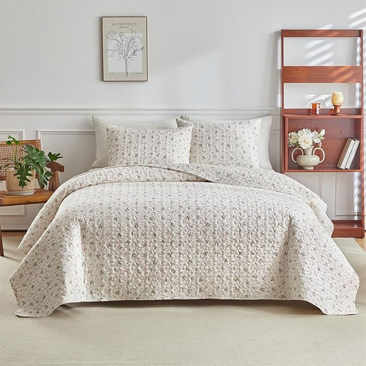 mixinni Floral Quilt Set King Cute Pink Flower Printed Quilted Bedding Set, Soft Aesthetic Floral Lightweight Bedspread Coverlet Set with Shams for All Season-(92"x106", 1 Quilt+ 2 Pillow Shams)
