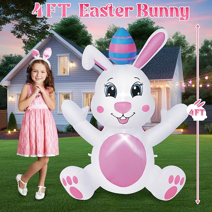 4FT Easter Inflatables Outdoor Decorations, Inflatable Bunny with Egg Built-in LED Lights Happy Easter Blow Up Yard Decorations for Spring Holiday Party Indoor Outdoor Garden Lawn Decor