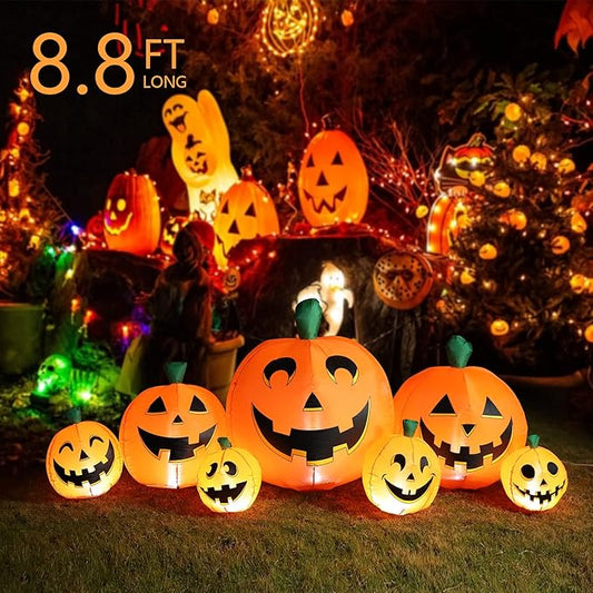 MUMTOP 8.8 Ft Long Inflatable Outdoor Halloween Decorations, Inflatables Halloween Pumpkins Outdoor Decorations Blow Up with Built-in LED Lights for Yard Party Holiday Garden