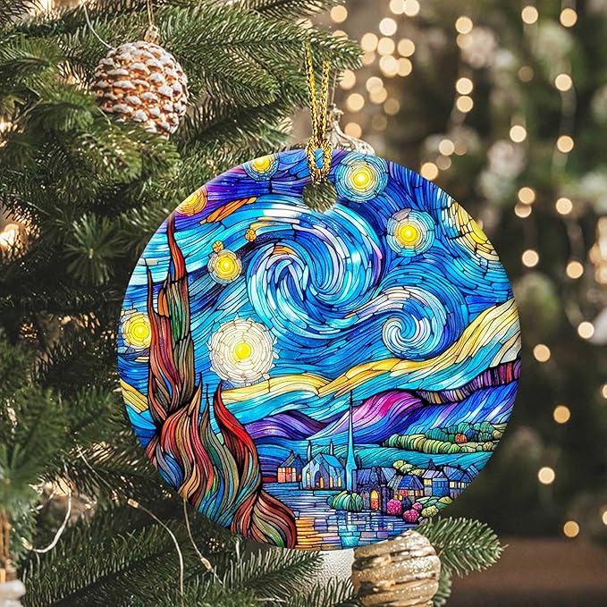 Starry Night Ornament Round Ceramic Ornament Xmas Keepsake for Christmas Tree Winter Holiday Xmas Gift for Women Men Xmas Hanging Ornament 3"