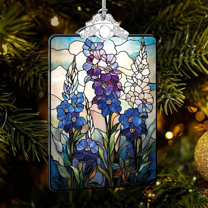 Wildflower Delphinium Stained Glass 2025 Christmas Ornament, Botanical Christmas Tree Hanging Decor for Holiday or Garden Lover Gift, 3.8 x 2.4 Inch