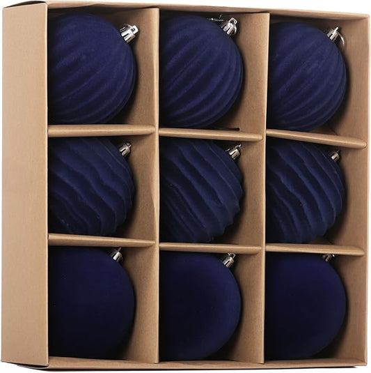 Senjie 4inch Christmas Tree Ornaments Velvet Balls,9PCS Flocked Decoration Balls Ornaments Sets for Christmas 2025 Navy Blue