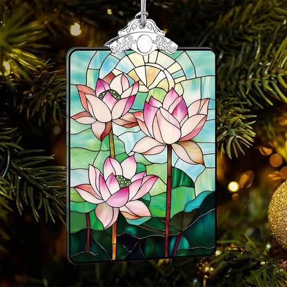 Lotus Flower Stained Glass Ornament, 205 Christmas Tree Hanging Decoration for Zen-Inspired Holiday Decor or Gift Exchange, 3.8 x 2.4 Inch