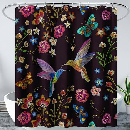 AILONEN Retro Hummingbird Shower Curtain,Wild Floral Flower Bathroom Decor with 12 Plastic Hooks,Bird Butterfly Vintage Black Curtains,Modern Bedroom Decor Gifts for Girls Teen Adult 72" W*78" H