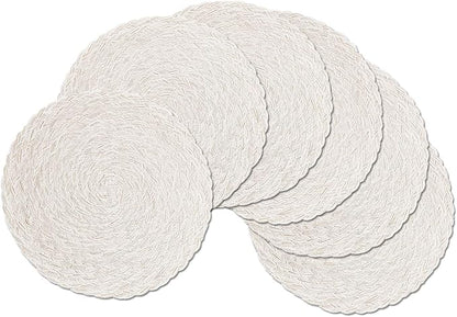 SHACOS Round Braided Placemats 15 inch Set of 6 Boho Thick Washable Kitchen Table Placemats for Home Wedding Party (T-Ivory, 6)