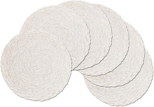 SHACOS Round Braided Placemats 15 inch Set of 6 Boho Thick Washable Kitchen Table Placemats for Home Wedding Party (T-Ivory, 6)