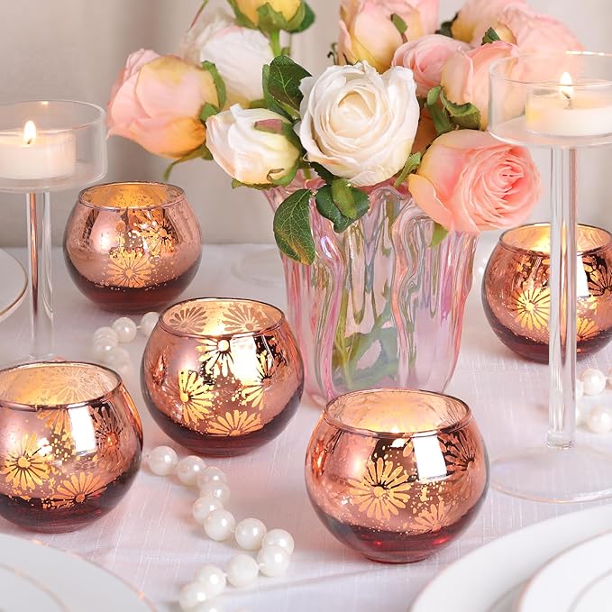 Pink Mercury Glass Votive Candle Holders Set of 12, Round Tealight Candle Holders for Table Centerpieces, Weddings, Shower Gifts, Party Decorations