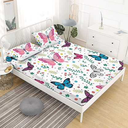 Butterfly Fitted Sheet Set for Kids Girls Teens Colorful Flowers Leaves Bed Sheet Queen Size 3D Print Dreaming Style Sheet Set 3 Piece