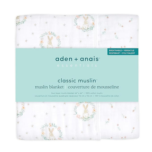 aden + anais Essentials Dream Blanket, Muslin Baby Blankets for Girls & Boys, Ideal Lightweight Newborn Nursery & Crib Blanket, Blushing Bunnies