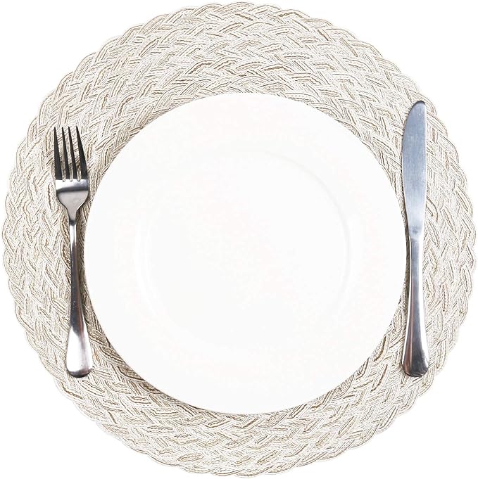 SHACOS Round Braided Placemats 15 inch Set of 6 Boho Thick Washable Kitchen Table Placemats for Home Wedding Party (T-Ivory, 6)