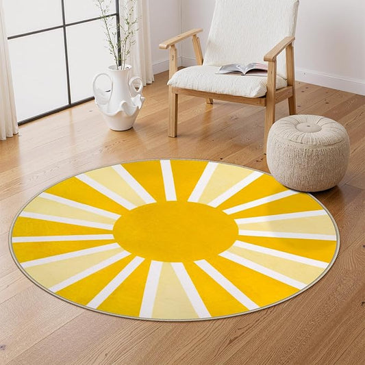 Lahome Round Area Rug - 3Ft Washable Round Bathroom Rug Non-Slip Small Circle Rug for Bedroom Throw Soft Cute Kids Nursery Rug, Boho Rainbow Sun Print Round Mat for Sofa Living Room (3'x3', Yellow)