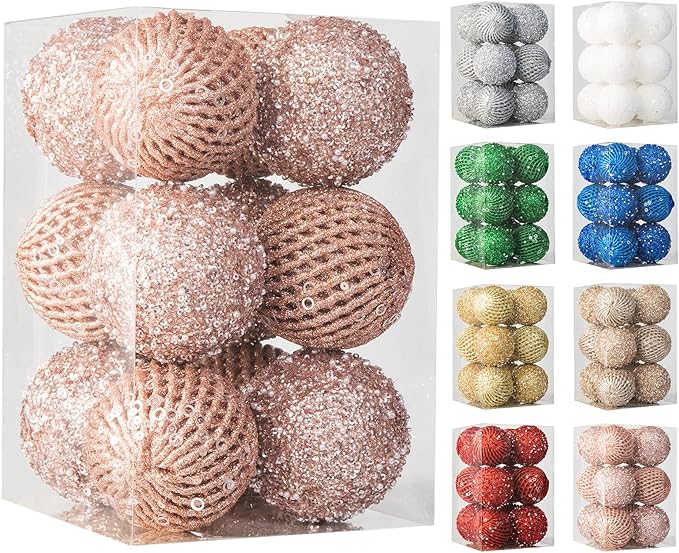 3.15" Christmas Ball Ornaments Glitter Shatterproof Christmas Tree Ornaments Sequin Xmas Hanging Balls Decorations for Wedding Party Holiday(Rose Gold, 12pc-8cm)