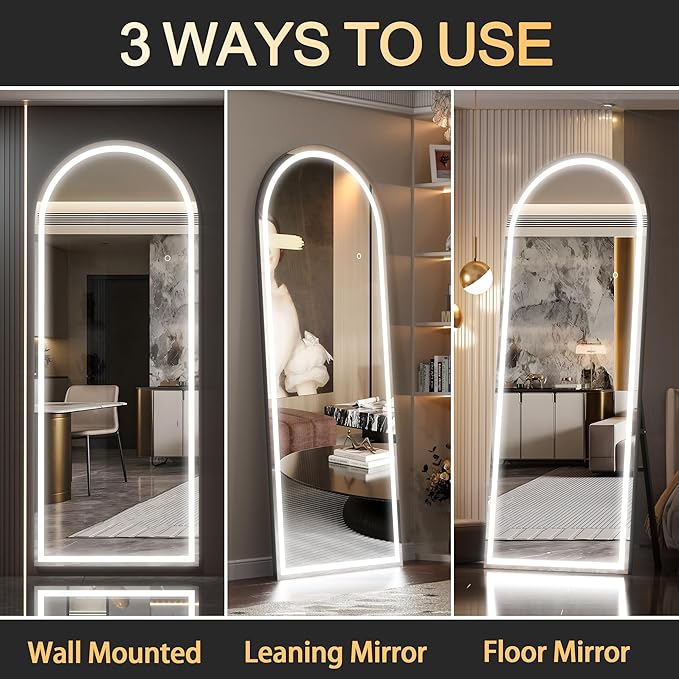 Hasipu 75" x 28" Led Mirror Full Length, Full Length Mirror with Lights Arch Design,Tempered Glass,Shatter-Proof, Dimming & 3 Color Modes for Bedroom Cloakroom-UL