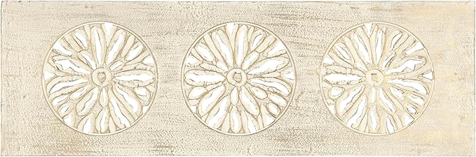 Deco 79 Wood Floral Handmade Home Wall Decor Distressed Intricately Carved Wall Sculpture with Gold Detailing, Wall Art 12" x 1" x 36", Cream