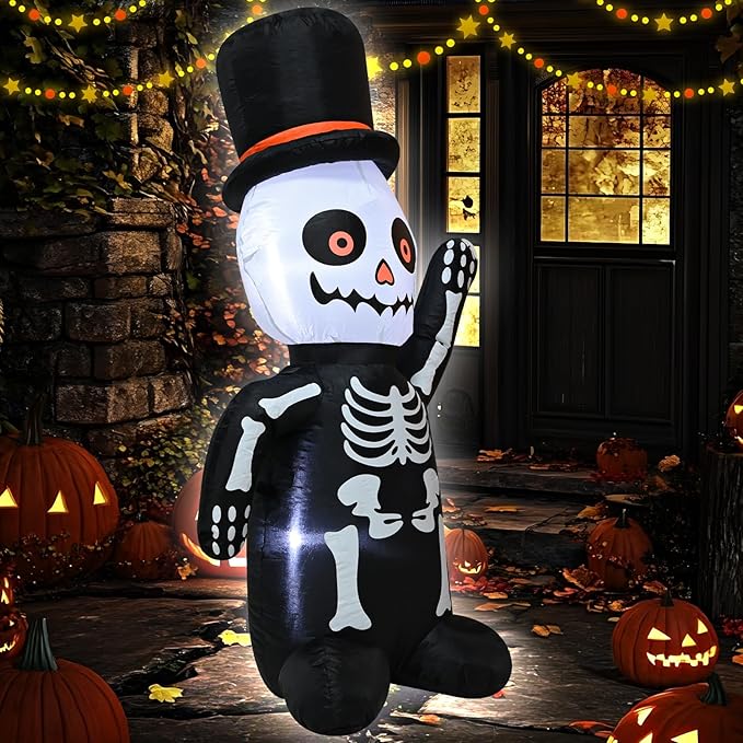 TRMESIA 4FT Halloween Inflatable Skeleton Decoration with Lights, Blow up Skull for Outdoor Yard Garden Decorations on Halloween 24HLW-03-03