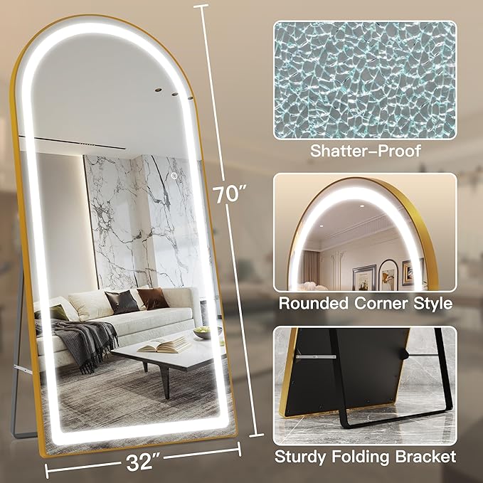 FENNIO Full Length Mirror with Lights, 70" x 32" LED Full Body Mirror, Arched Wall Mounted Hanging Mirror with Lights for Bedroom, Salon, 3 Color Lighting, Tempered Glass, Brushed Aluminum Frame