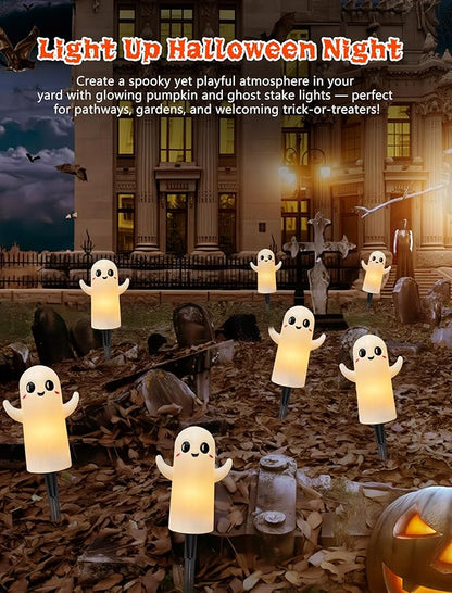Halloween Ghosts Pathway Lights,4 Pack Ghosts Stake Lights with C7 Clear Bulbs,7Ft Extendable Waterproof Walkway Lights Halloween Decor for Yard Porch Lawn Pathway Garden