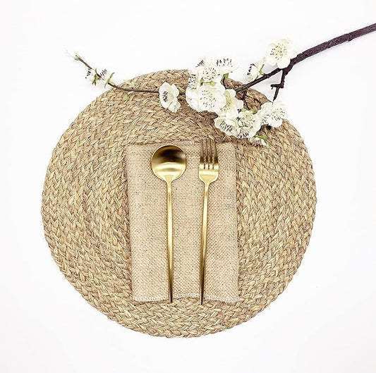 Woven Placemats for Dining Table Set of 6, 100% Natural Straw, Rustic Round Placemats Farmhouse Table Mats Rattan Wicker Placemats Hand Braided Place Mats for Indoor Outdoor, 14.17“