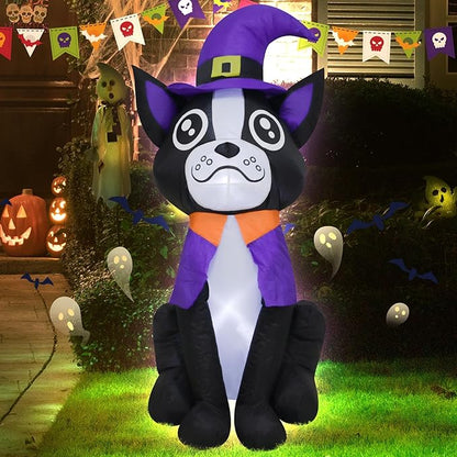 4FT Halloween Inflatable Decor Dog Purple Hat Halloween Blow Up Decoration with LED Lights Indoor Outdoor Yard Graden Party Holiday Decor