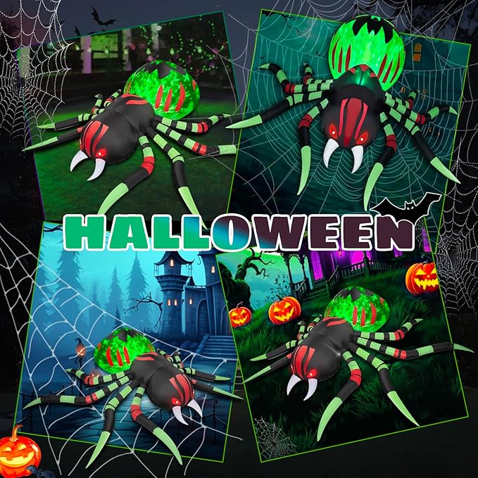 8FT Halloween Inflatables Spider Outdoor Decorations for Yard, Giant Blow up Green Spider with Rotating Fire Flame Light, Large Spooky Spider for Halloween Party Garden Lawn House Holiday Decor