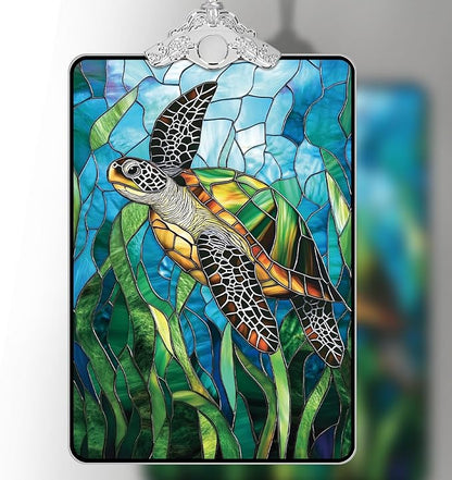 Sea Turtle Stained Glass Ornament, 2025 Christmas Tree Hanging Decoration for Gift Exchange or Stocking Stuffer, Holiday Decor, 3.8 x 2.4 Inch